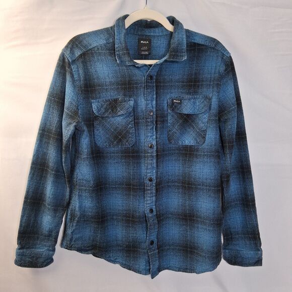RVCA Vesuvio Men's Cotton Flannel Blue Black Plaid Size L - Picture 2 of 15